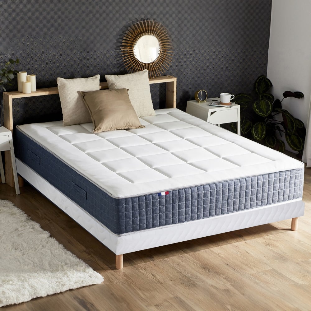 Idliterie Matelas hybride 7 zones mémoire de forme sommier 140 x 190 blanc Bleu Tissu