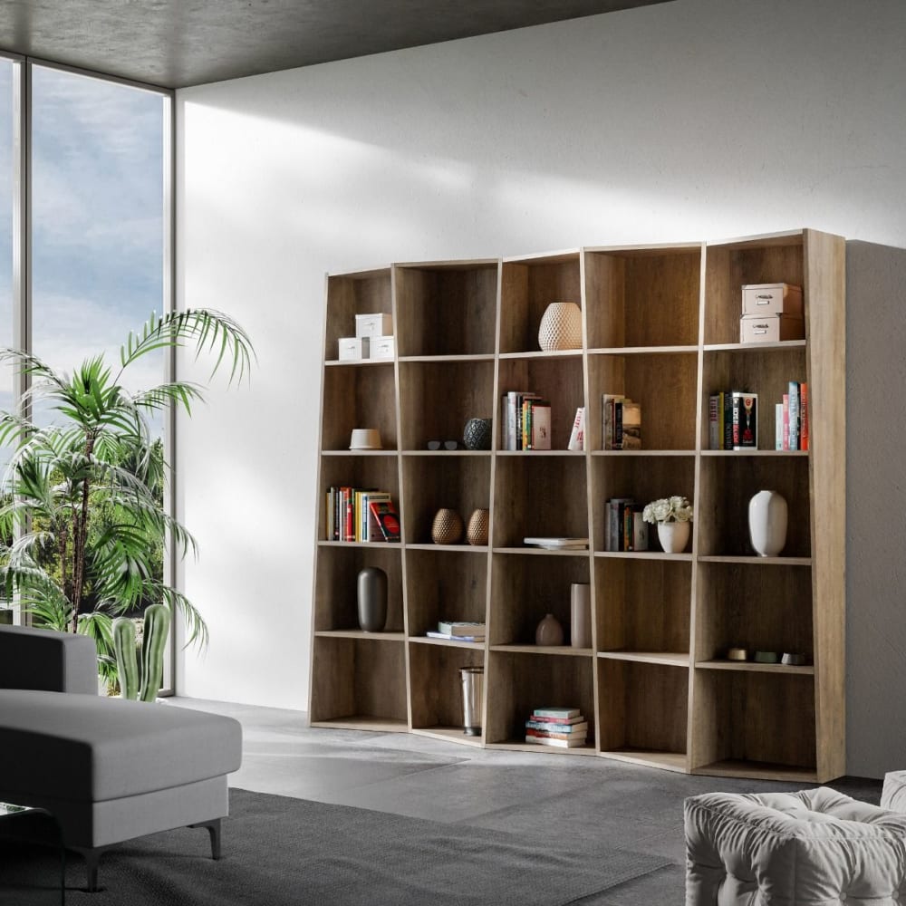Bibliothèque moderne 5 éléments effet bois noyer