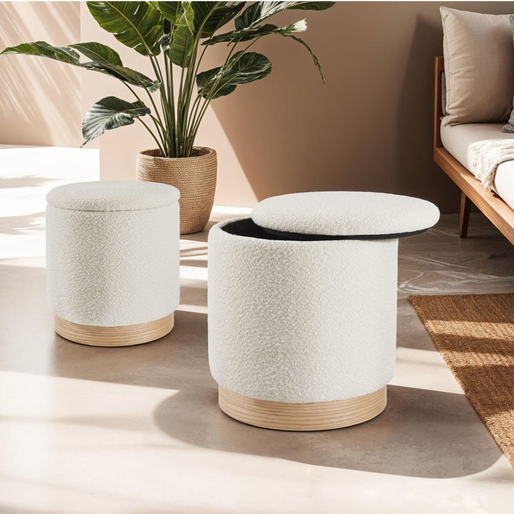 Lot 2 tabourets revêtement bouclé espace rangement crème