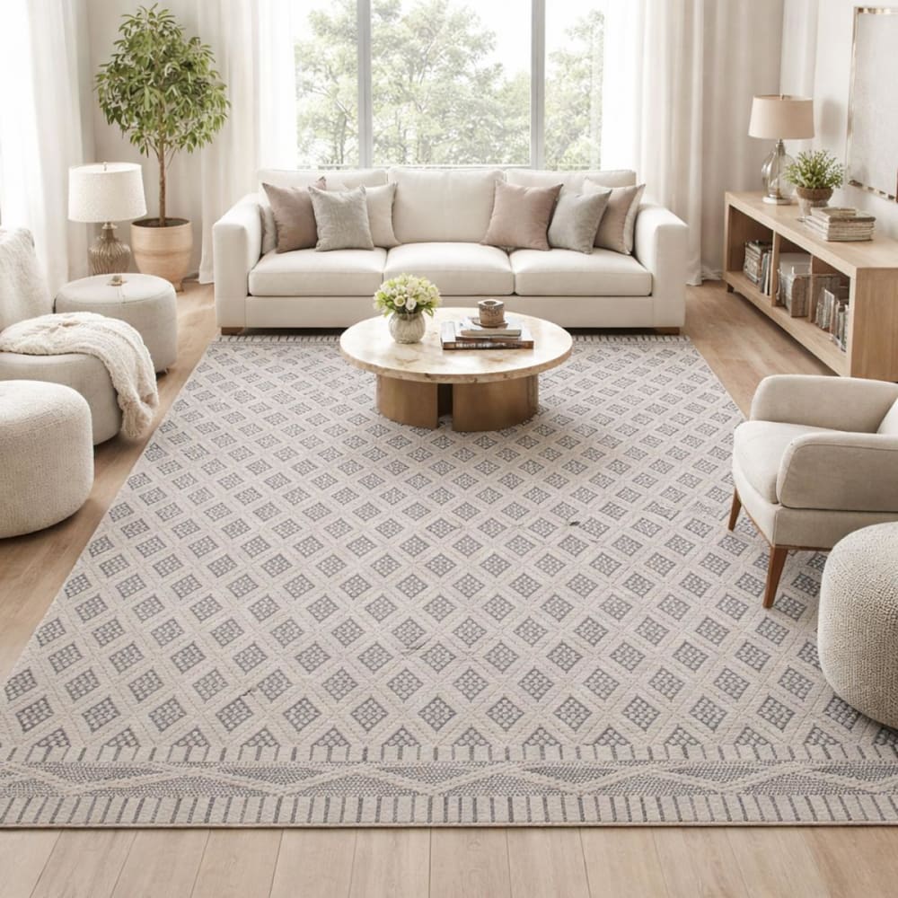 Tapis kilim tissé main en pet motif géométrique, crème 160x230 - Maisons du Monde