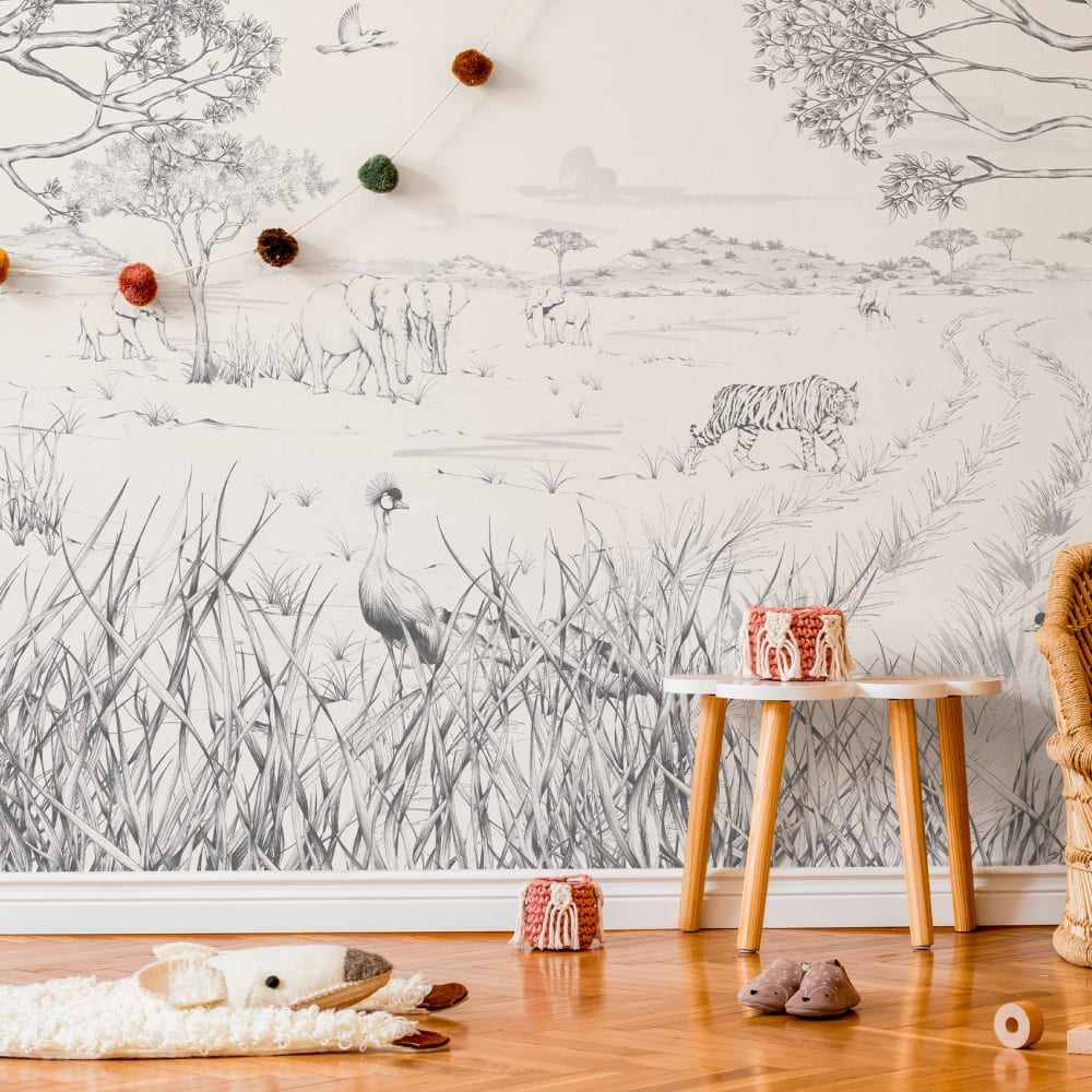 Papier peint enfant tanzanie, noir et blanc 450 x 250cm - Maisons du Monde