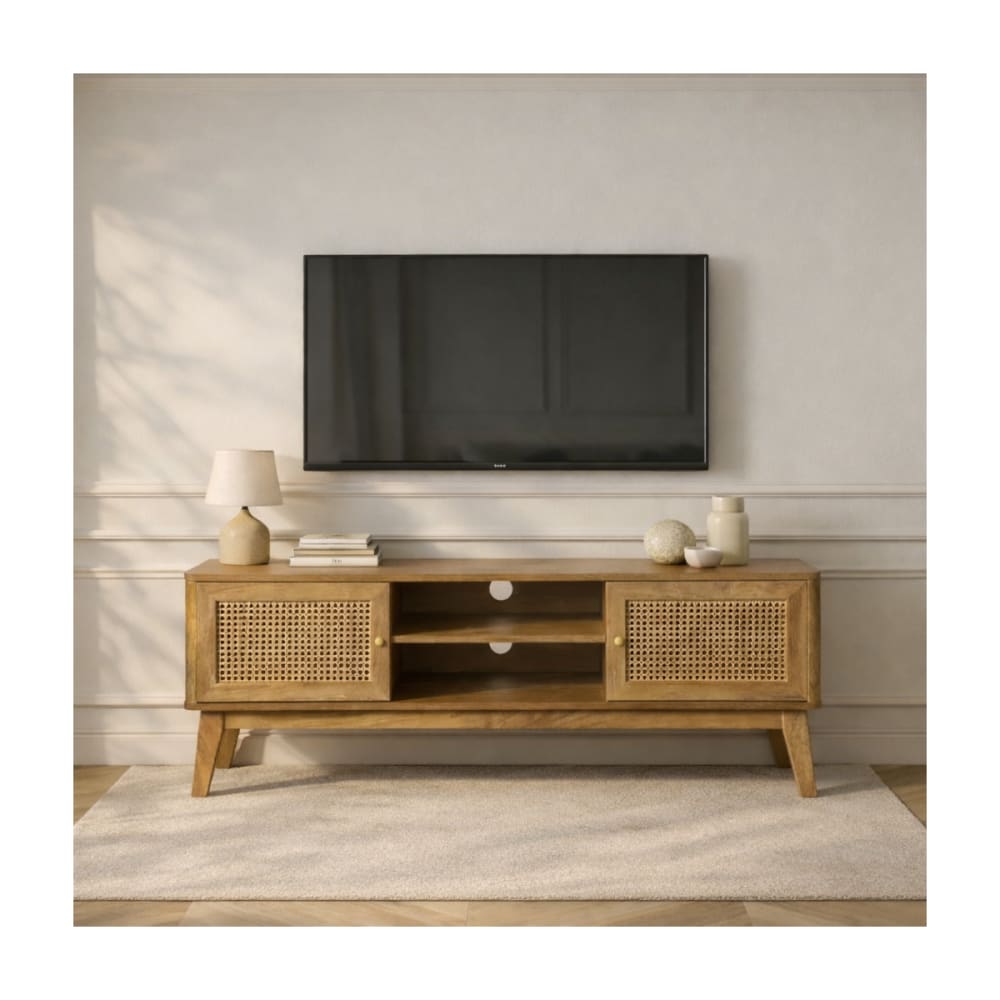 Meuble TV 2 Portes et Cannage Rotin - L140 cm