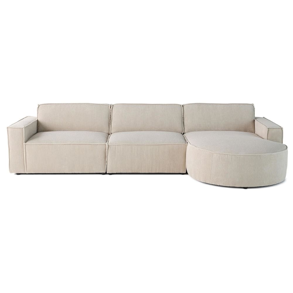 Canapé d'angle droit 5 places en velours côtelé beige