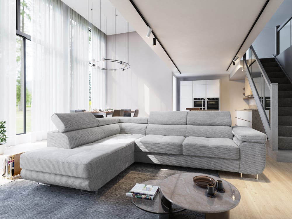 Ecksofa mit Schlaffunktion aus Kordstoff, Hellgrau - Maisons Du
