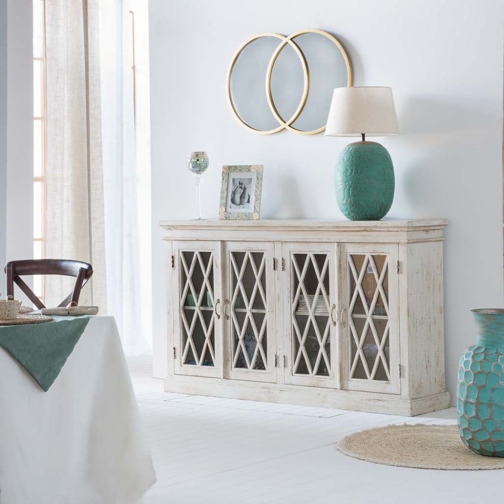 Buffet en bois et verre fabrication artisanale blanc 170x40x100h - Maisons du Monde