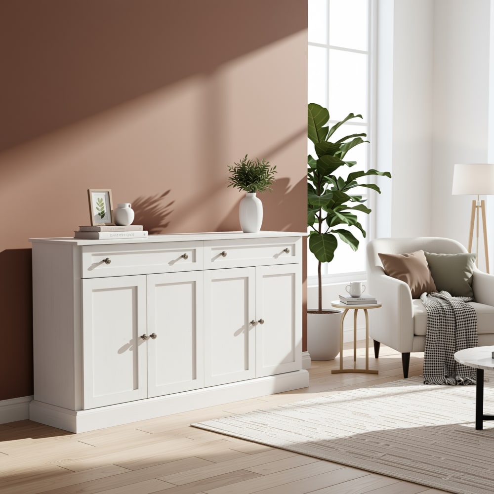 Urban Meuble Weißes Holz-Sideboard mit 4 Türen und 2 Schubladen style classic chic Weiß Spanplatte