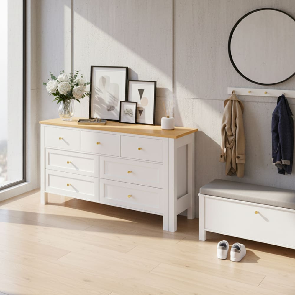 Console blanche à 6 tiroirs et grand espace de rangement