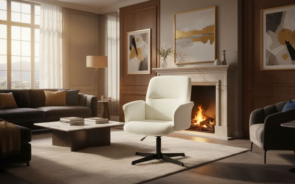 Fauteuil pivotant en tissu bouclette blanc avec accoudoirs - Maisons du Monde