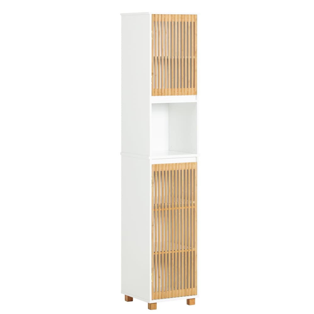 Hochschrank Badezimmerschrank Aus MDF(E1) Bambus Weiß-Natur