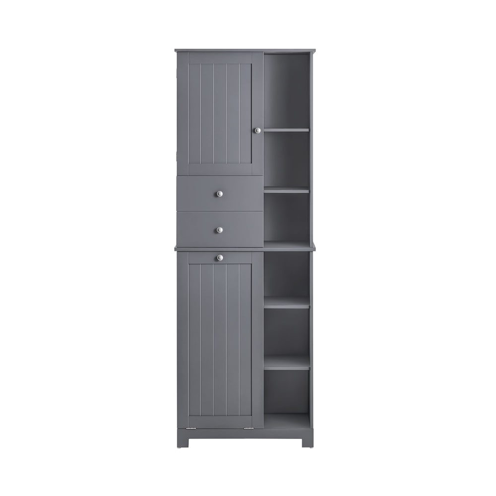 SoBuy Hochschrank mit Wäschesack Badezimmerschrank aus MDF(E1) Grau Grau Spanplatte