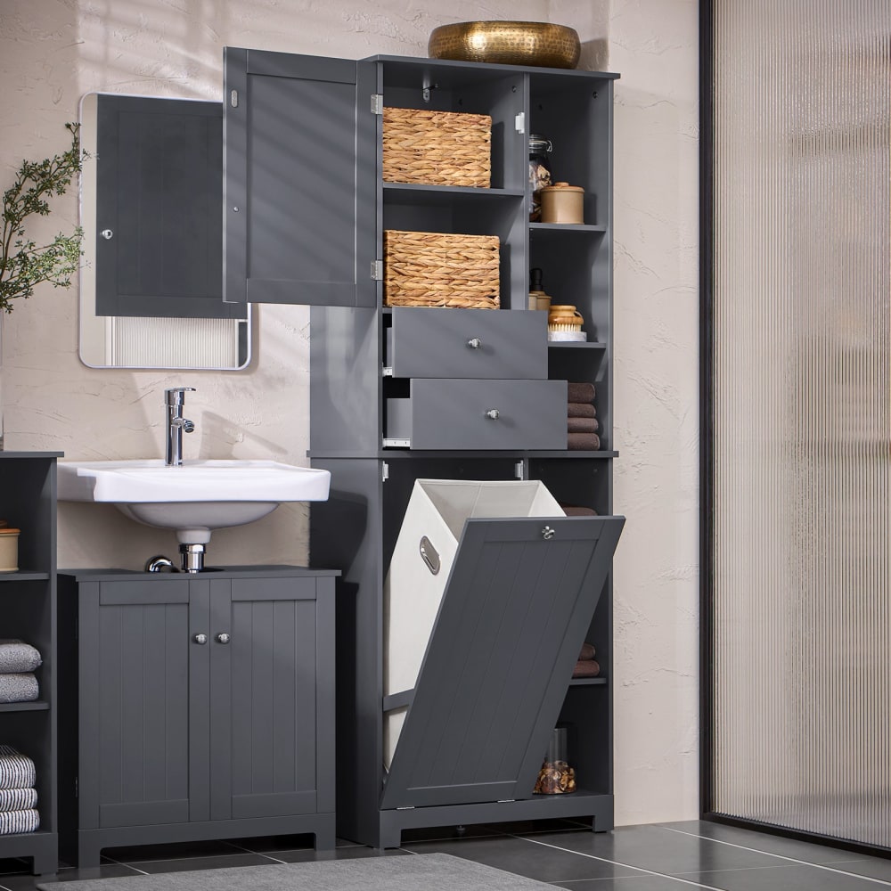 Colonne de salle de bain avec 2 portes et 2 tiroirs effet bois gris - Maisons du Monde