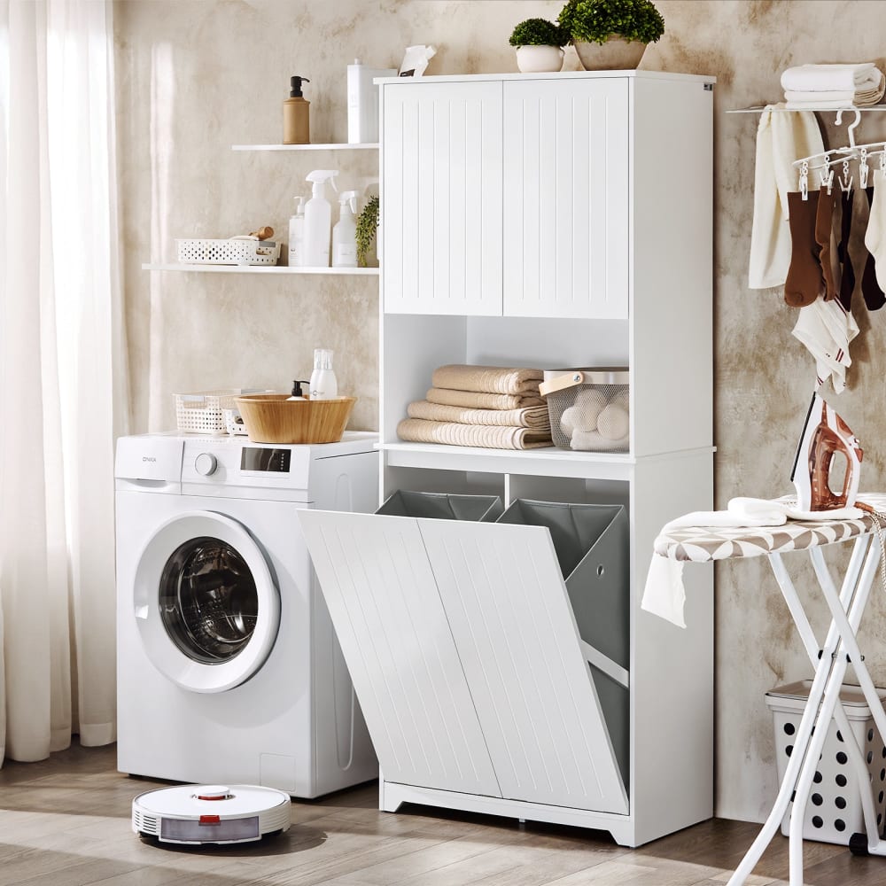 Armoire avec 2 portes et 2 paniers à Linge effet bois blanc