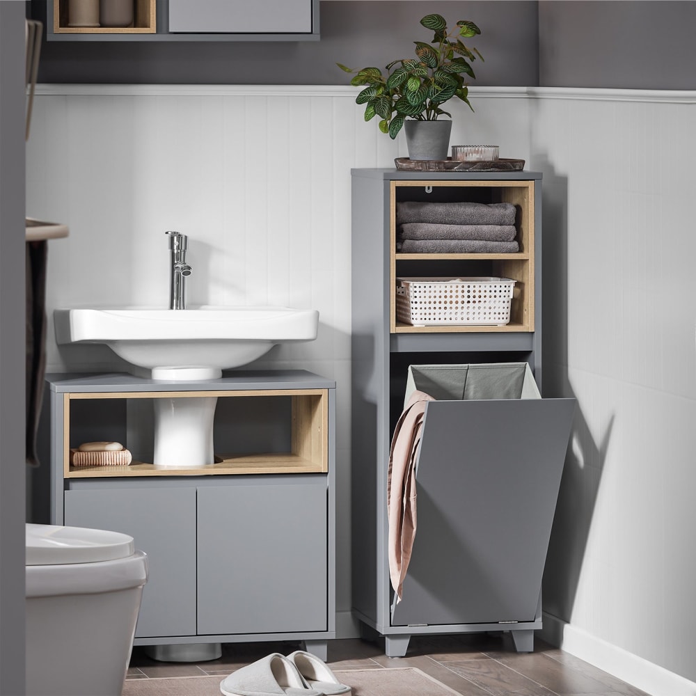 Meuble bas avec 1 panier à linge effet bois gris