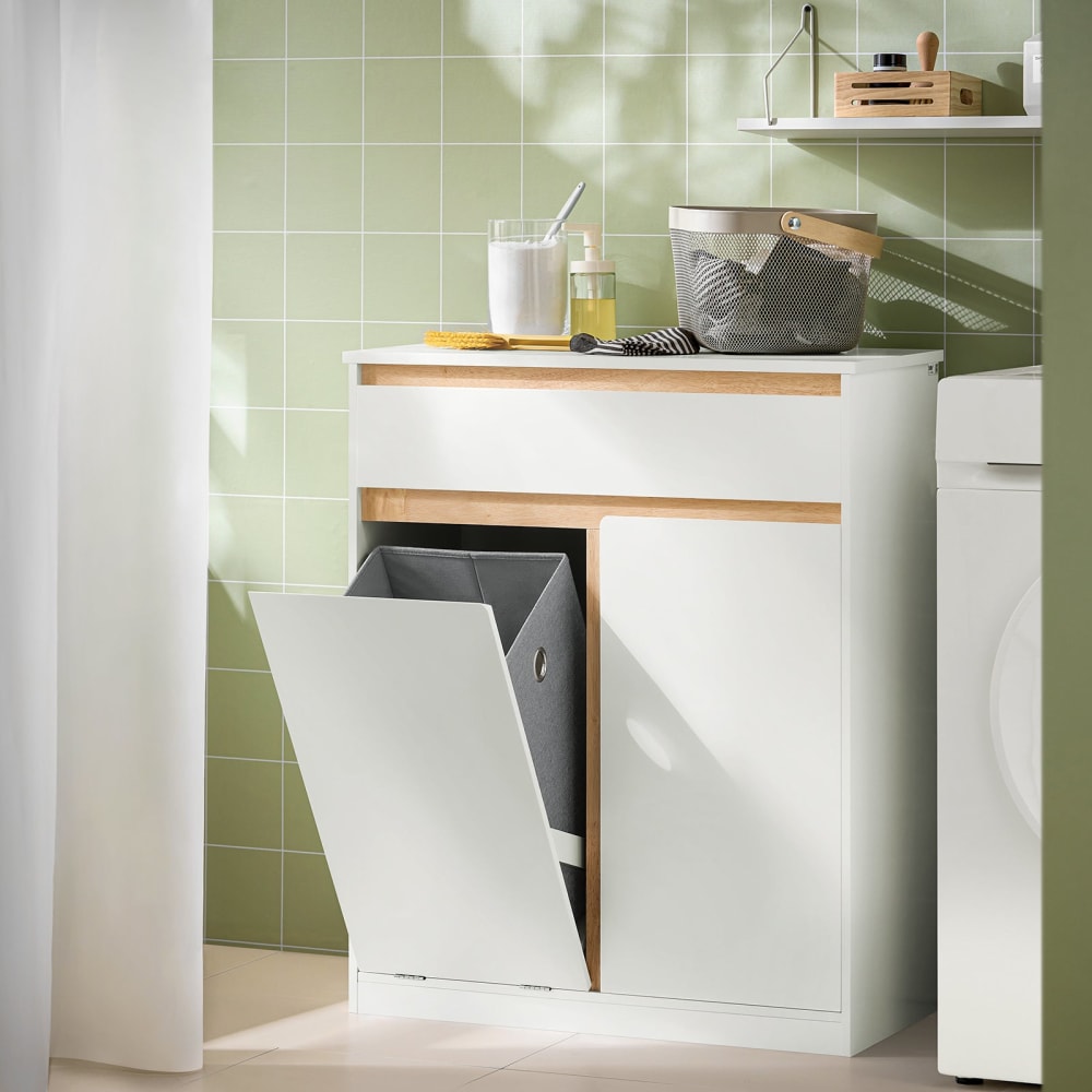 Wäscheschrank mit Wäschesäcken Badezimmerschrank aus MDF(E1) Weiß