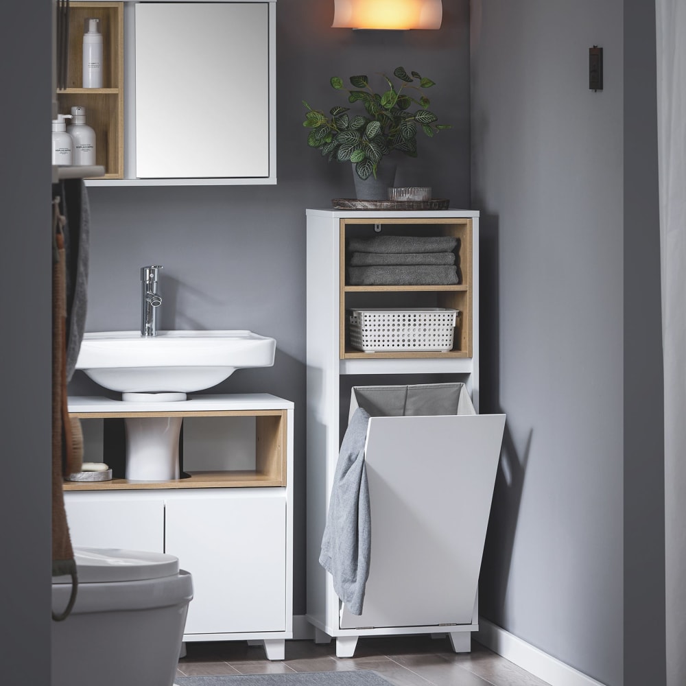 Meuble bas avec 1 panier à linge effet bois blanc