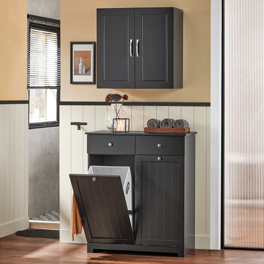 Meuble bas avec 2 tiroirs et 2 paniers à linge effet bois noir