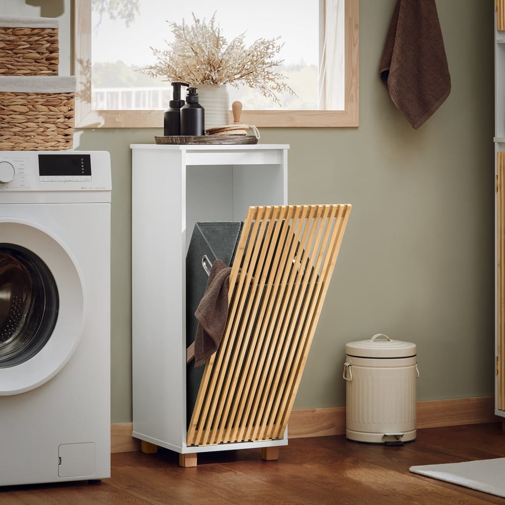 Armoire à linge effet bois gris porte en bambou