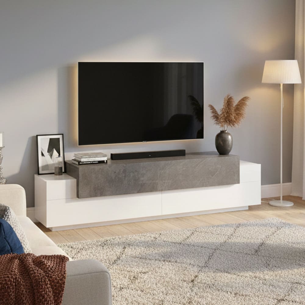 TV-Schrank Hochglanz weiß in Holzoptik, Schiefer 200x45h52 cm -