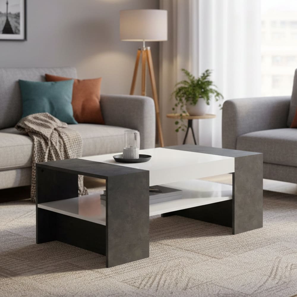 Table basse effet bois blanc brillant, ardoise 110x60h40 cm - Maisons du Monde