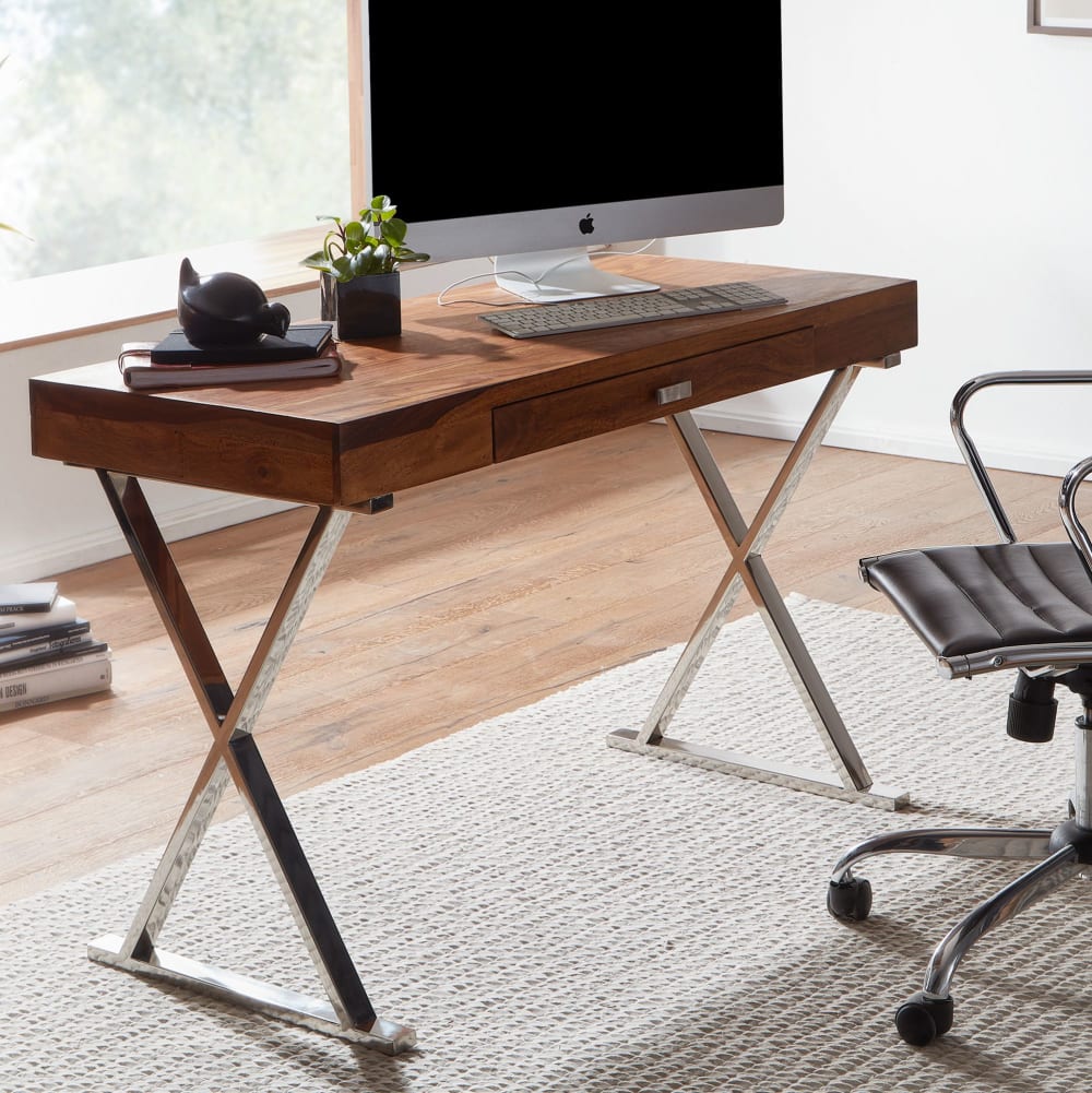 Bureau avec tiroir en bois de sheesham massif, marron