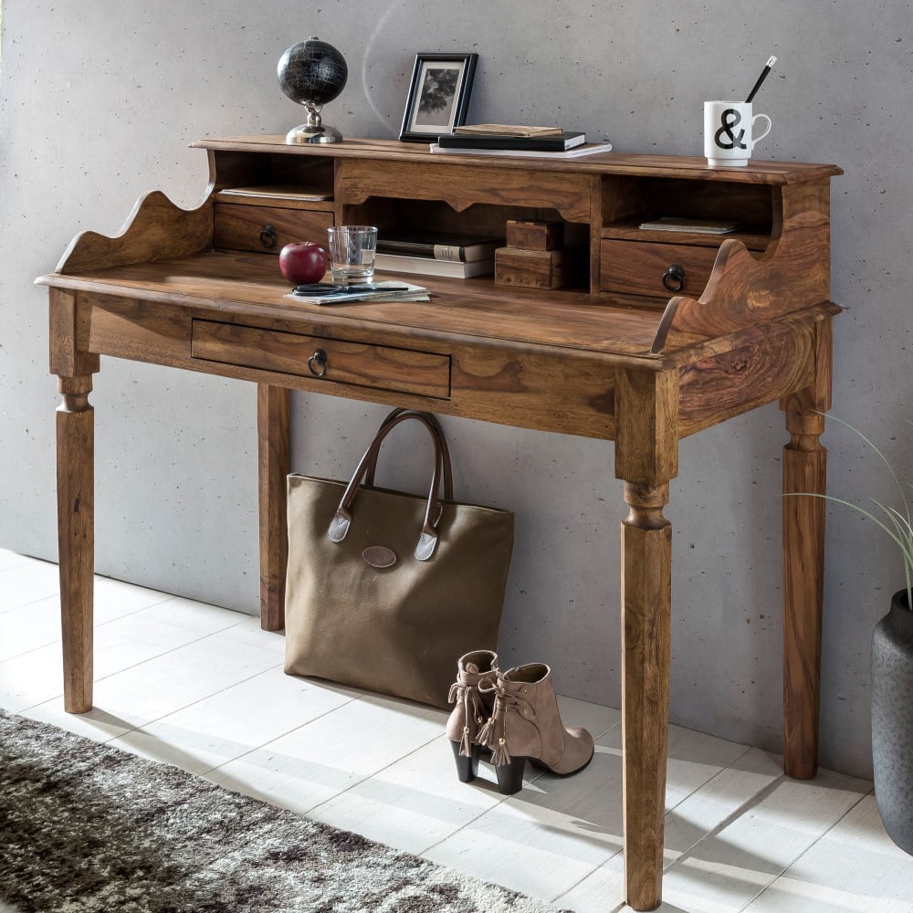Bureau à 3 tiroirs en bois de sheesham, marron