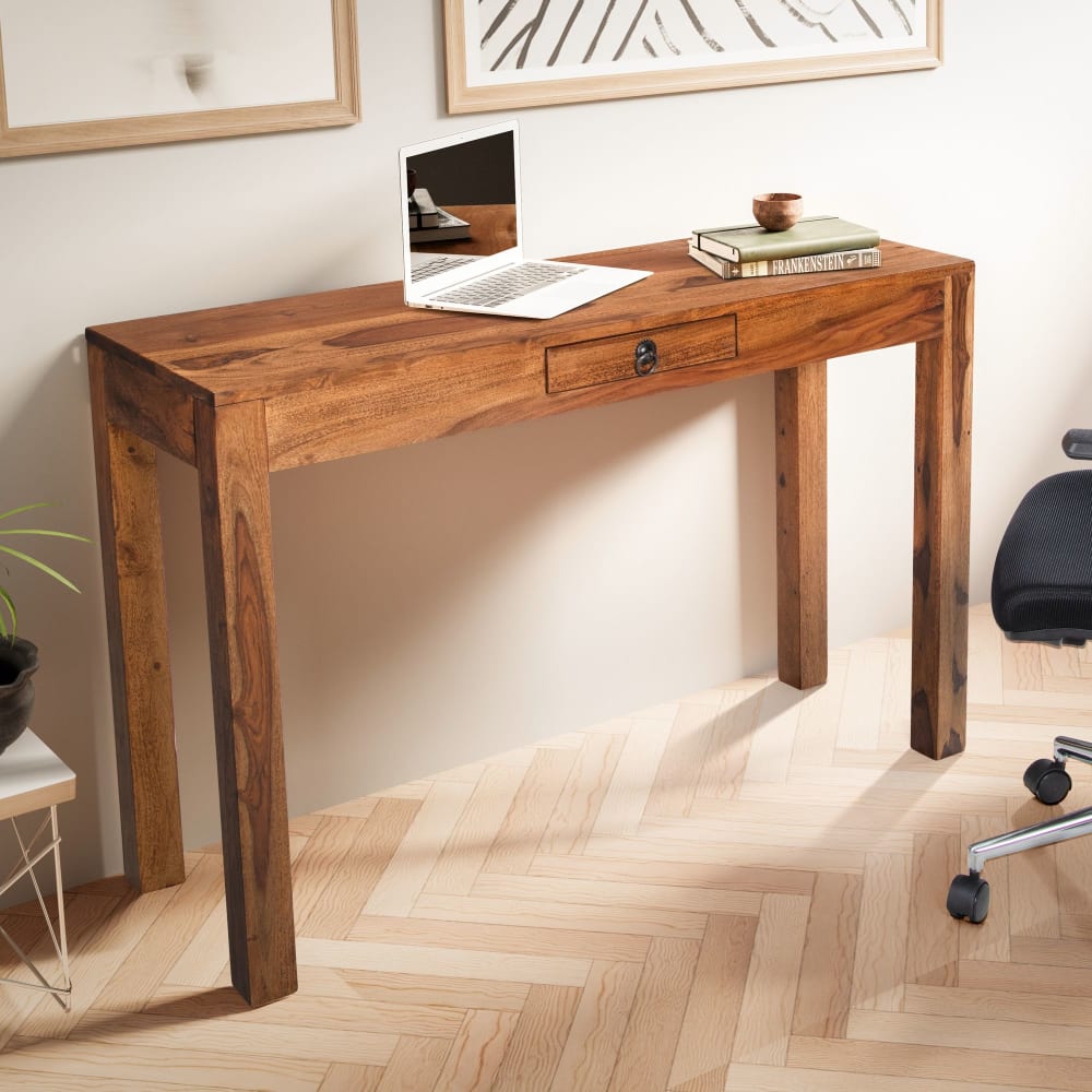 Schreibtisch mit Schublade aus Sheesham Massivholz, Braun -