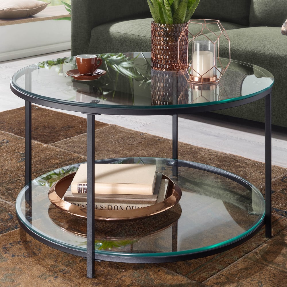 Couchtisch rund mit Ablage aus Glas, Transparent - Maisons Du