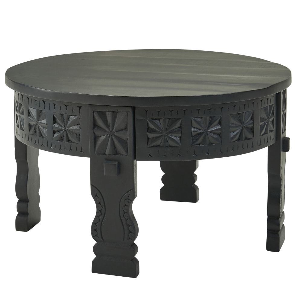 Table basse ronde orientale en bois massif de manguier, noir