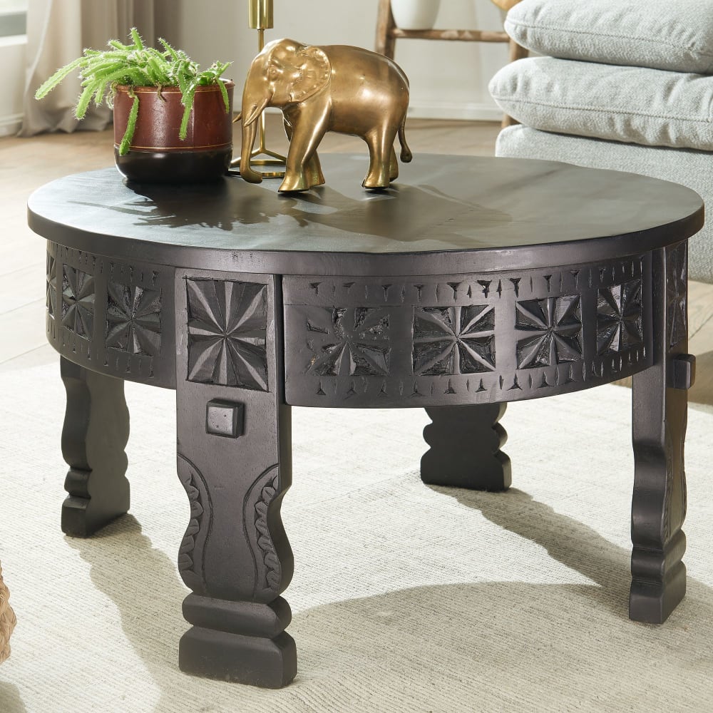 Couchtisch rund orientalisch aus Mango Massivholz, Schwarz -