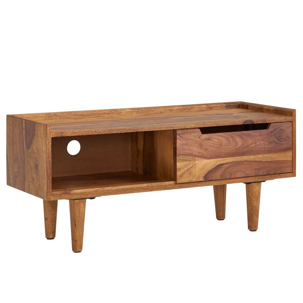 Meuble tv bas avec porte en bois de sheesham massif, marron