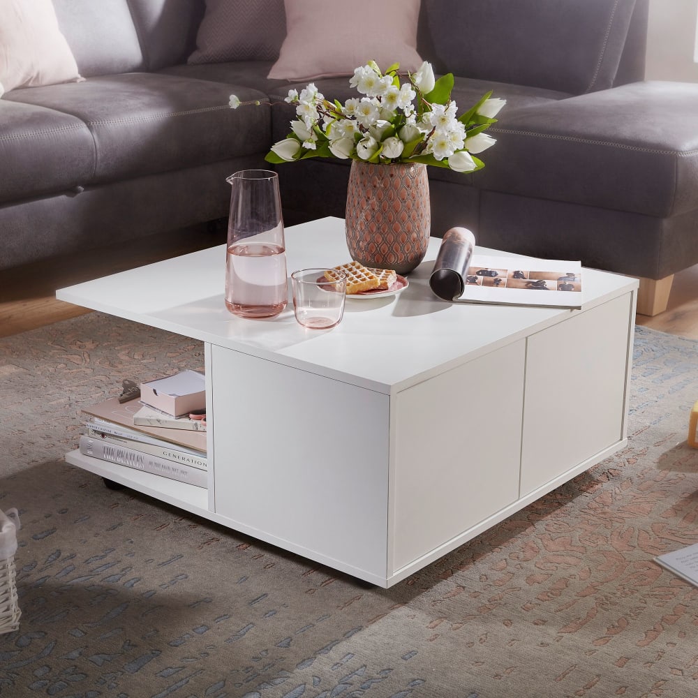 Couchtisch quadratisch mit Stauraum aus Spanplatte, Weiß -