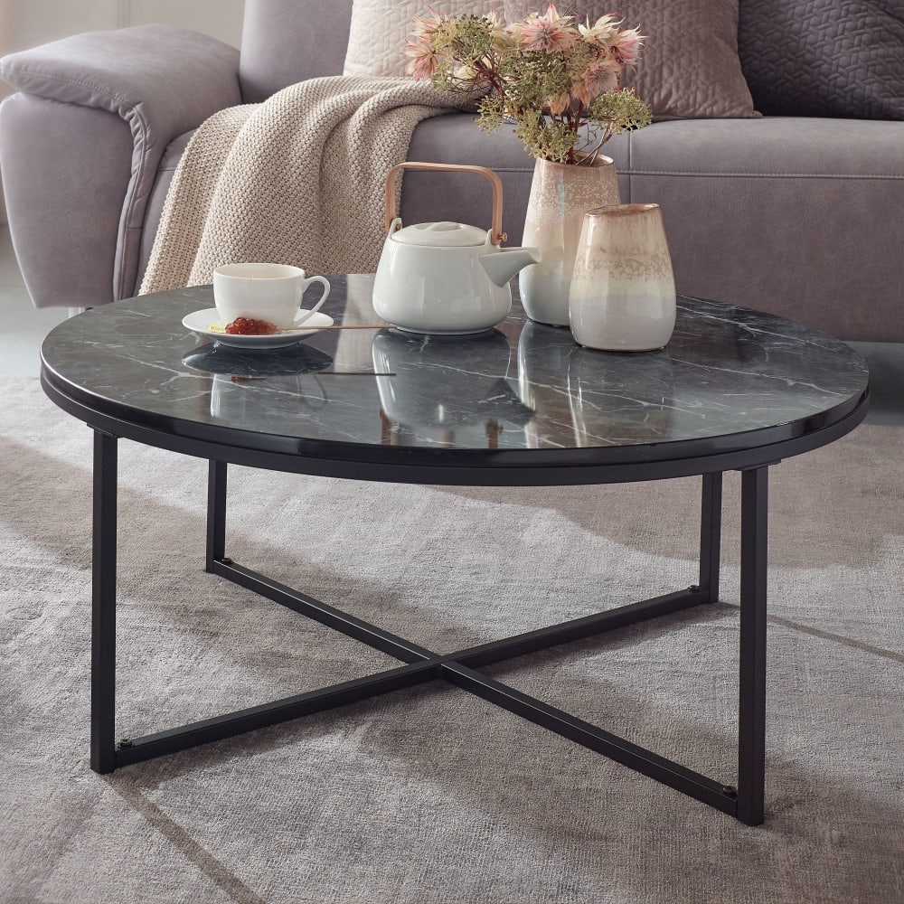 Table basse ronde effet marbre en mdf, noir