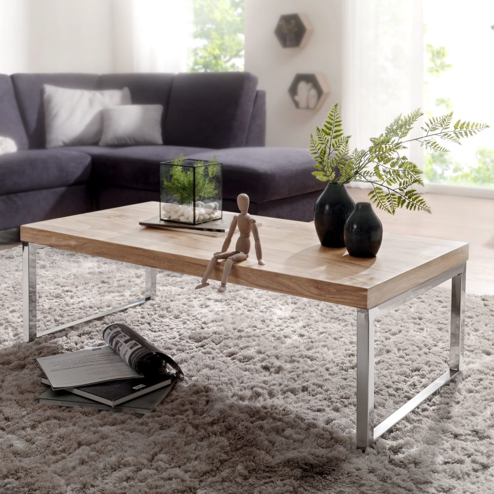 Couchtisch mit Chrombeinen aus Akazienholz, Braun - Maisons Du