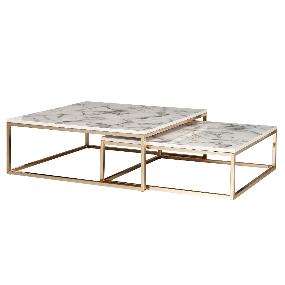Lot de 2 tables gigognes effet marbre en mdf, blanc
