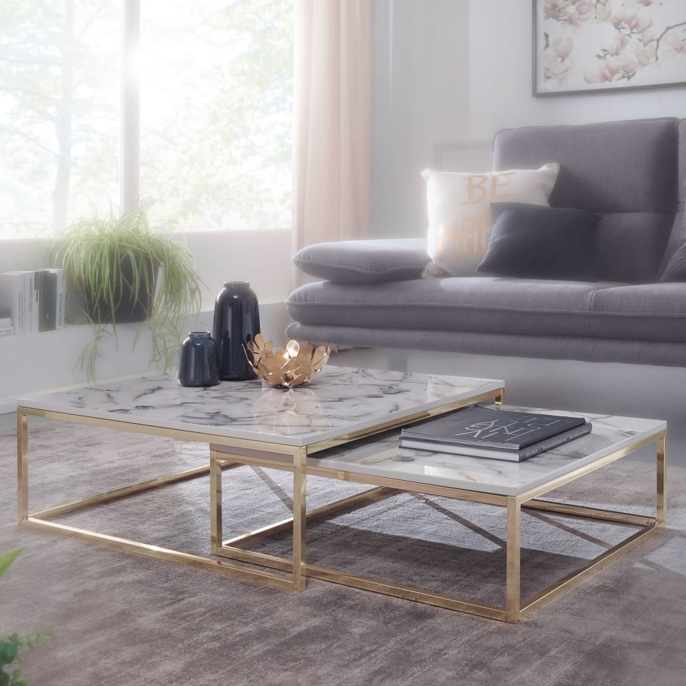 2er Set Satztische mit Marmoroptik aus MDF, Weiß - Maisons Du
