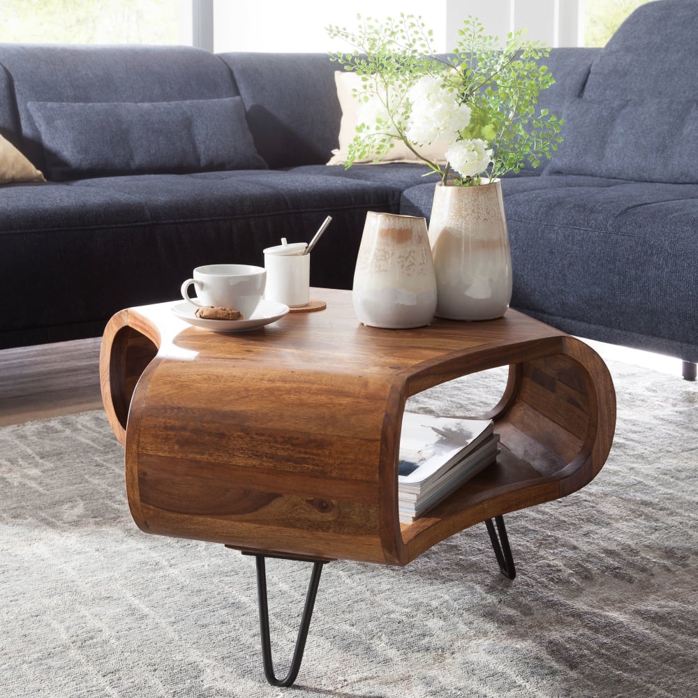 Table basse avec tablette en bois massif de sheesham, marron