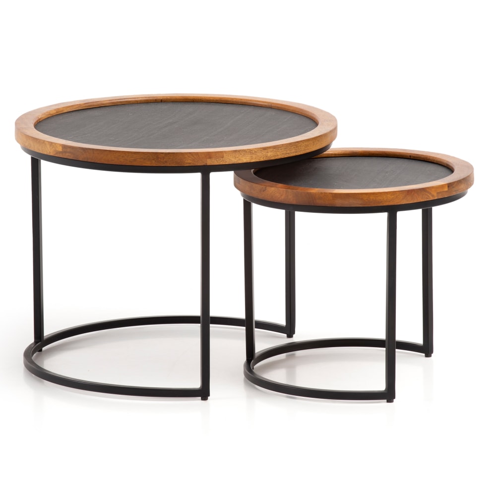 Lot de 2 tables gigognes rondes effet pierre en manguier, marron Lot de 2 tables gigognes rondes effet pierre en manguier, marron
