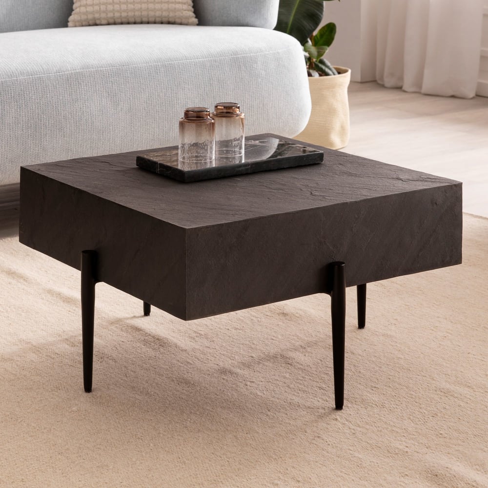 Couchtisch quadratisch mit Steinoptik aus Mango Massivholz, Grau