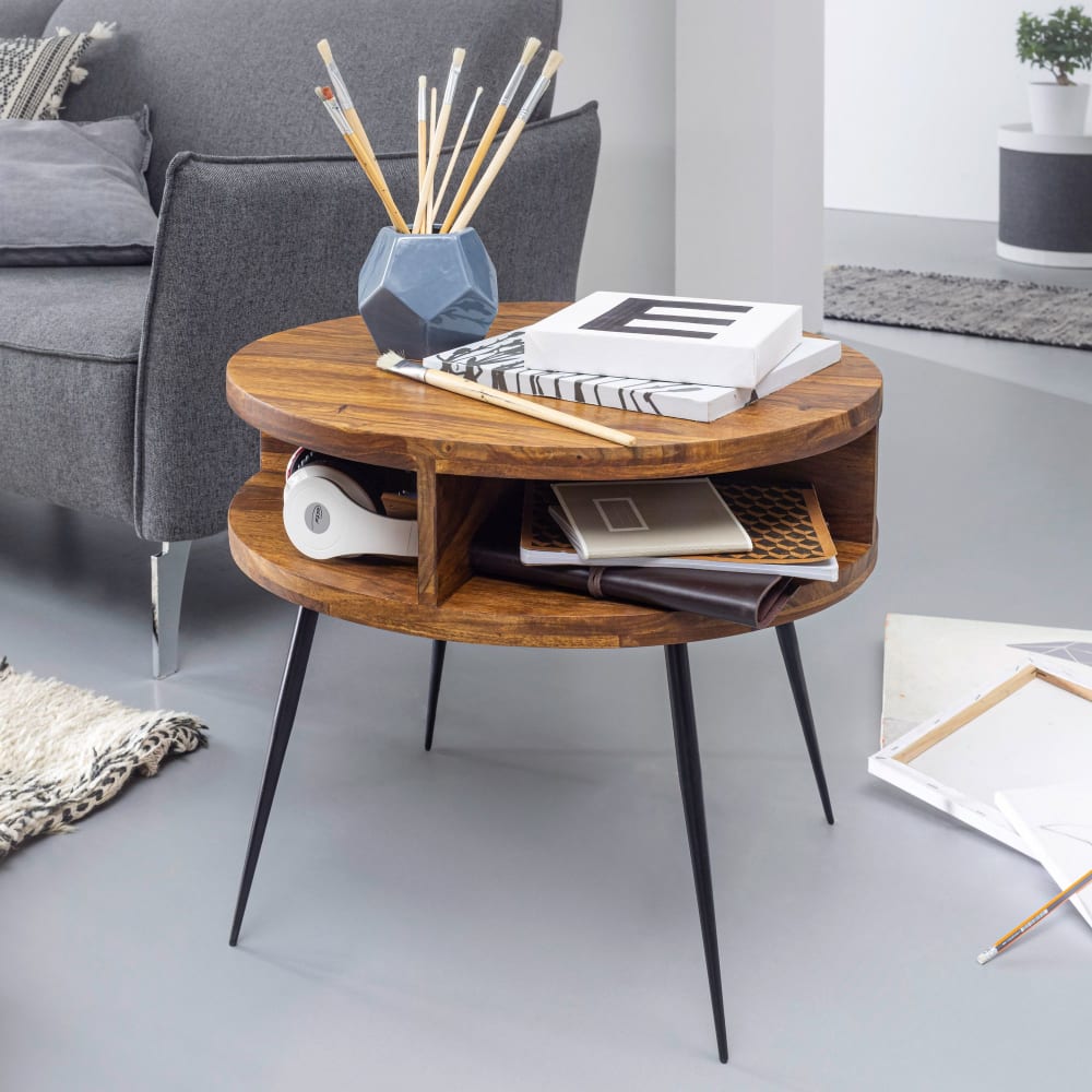 Couchtisch rund mit Ablagen aus Sheesham Massivholz, Braun -