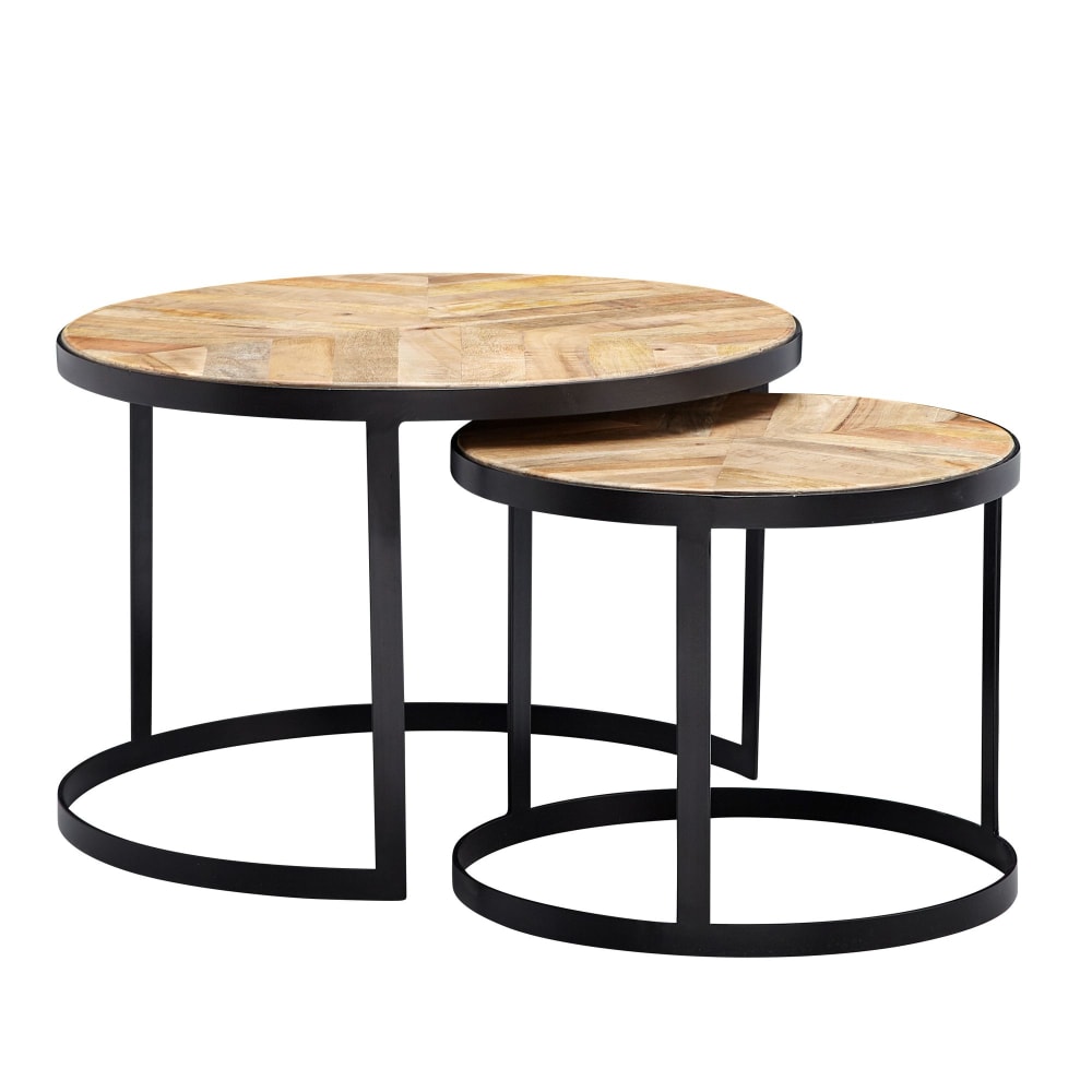 Lot de 2 tables basses rondes en bois massif de manguier, marron Lot de 2 tables basses rondes en bois massif de manguier, marron
