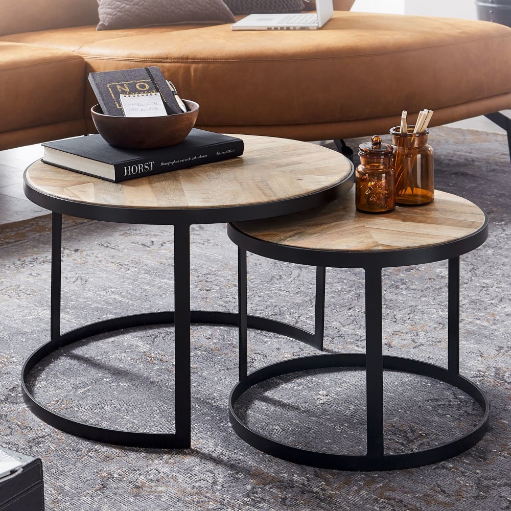 2er Set Couchtische rund aus Mango Massivholz, Braun - Maisons Du