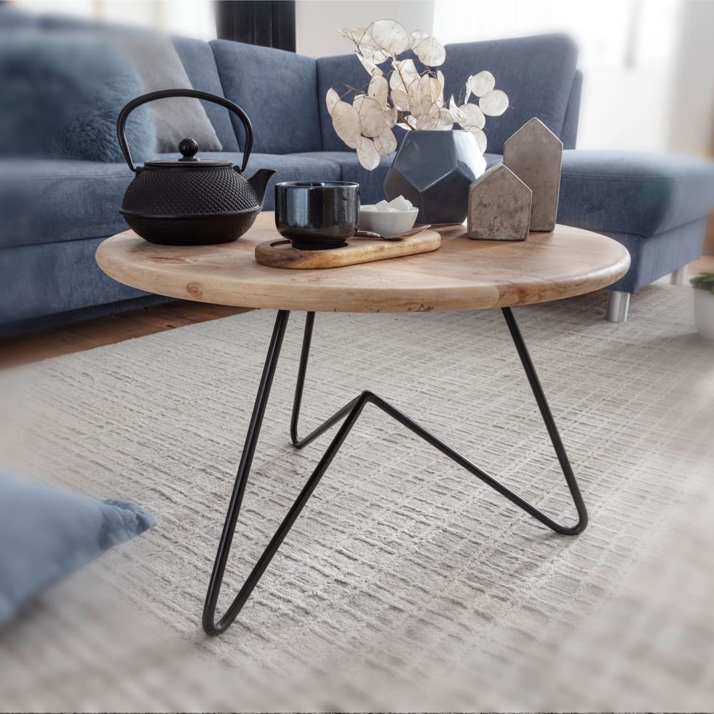 FineBuy Couchtisch rund aus Akazie Massivholz, Braun style modern Braun