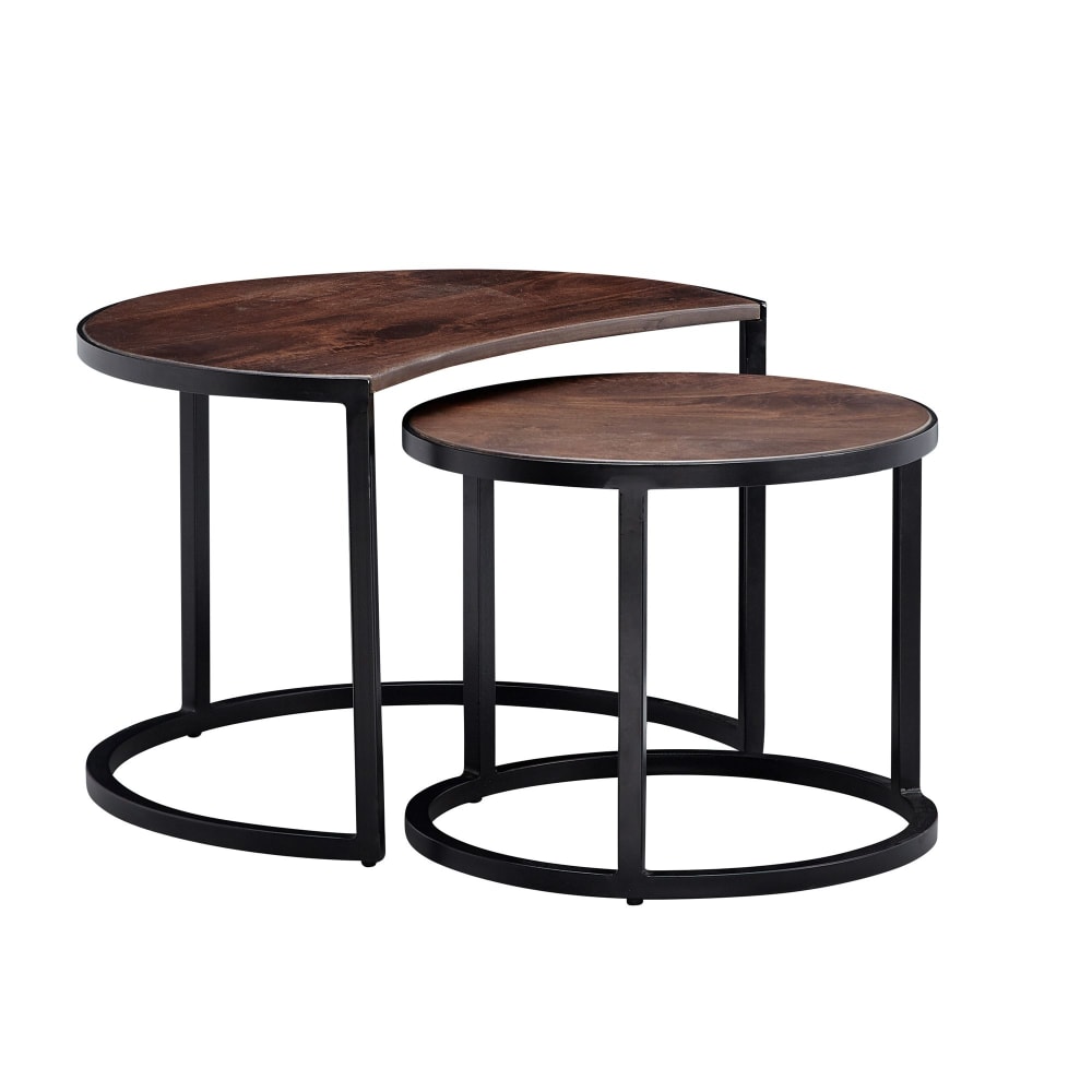 FineBuy 2er Set Couchtische rund aus Mango Massivholz, Schwarz style industrial Schwarz