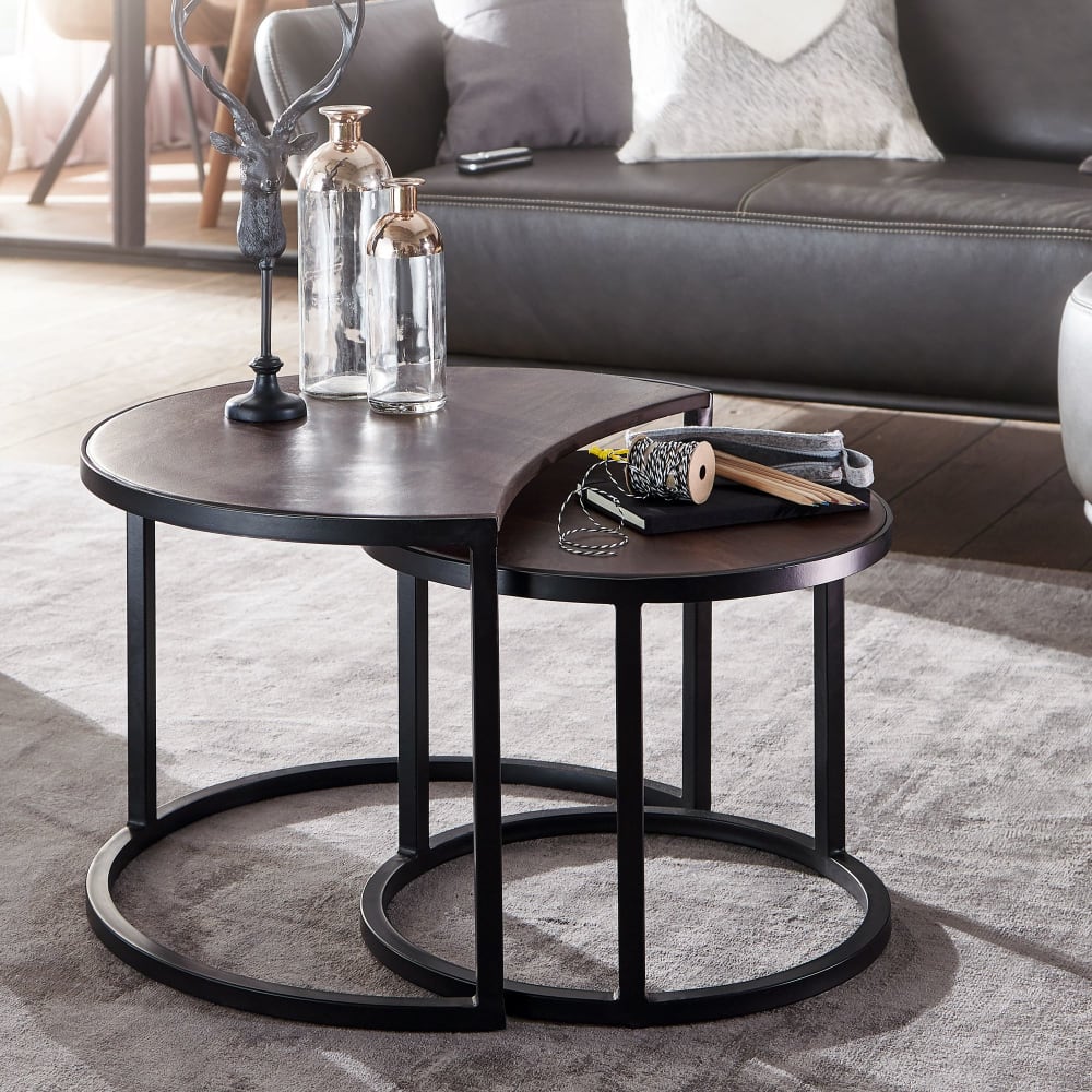 2er Set Couchtische rund aus Mango Massivholz, Schwarz - Maisons