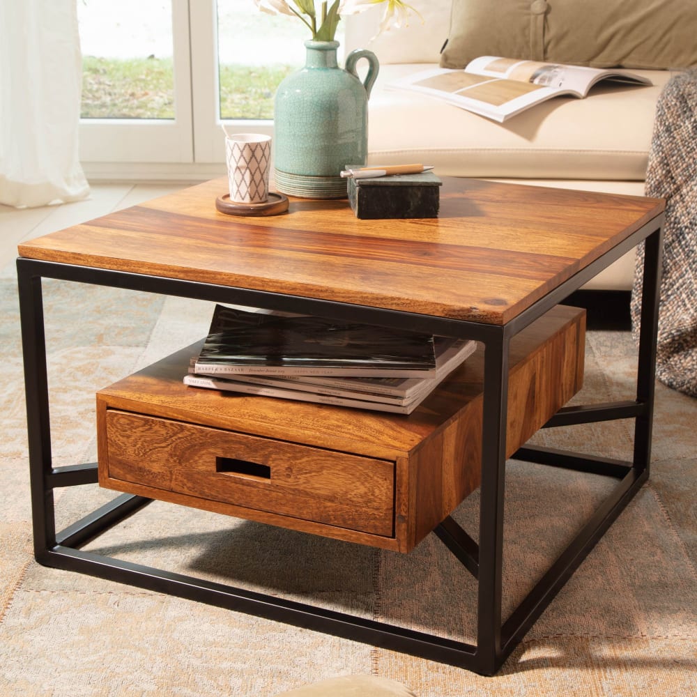 Couchtisch mit Schublade aus Sheesham Massivholz, Braun - Maisons