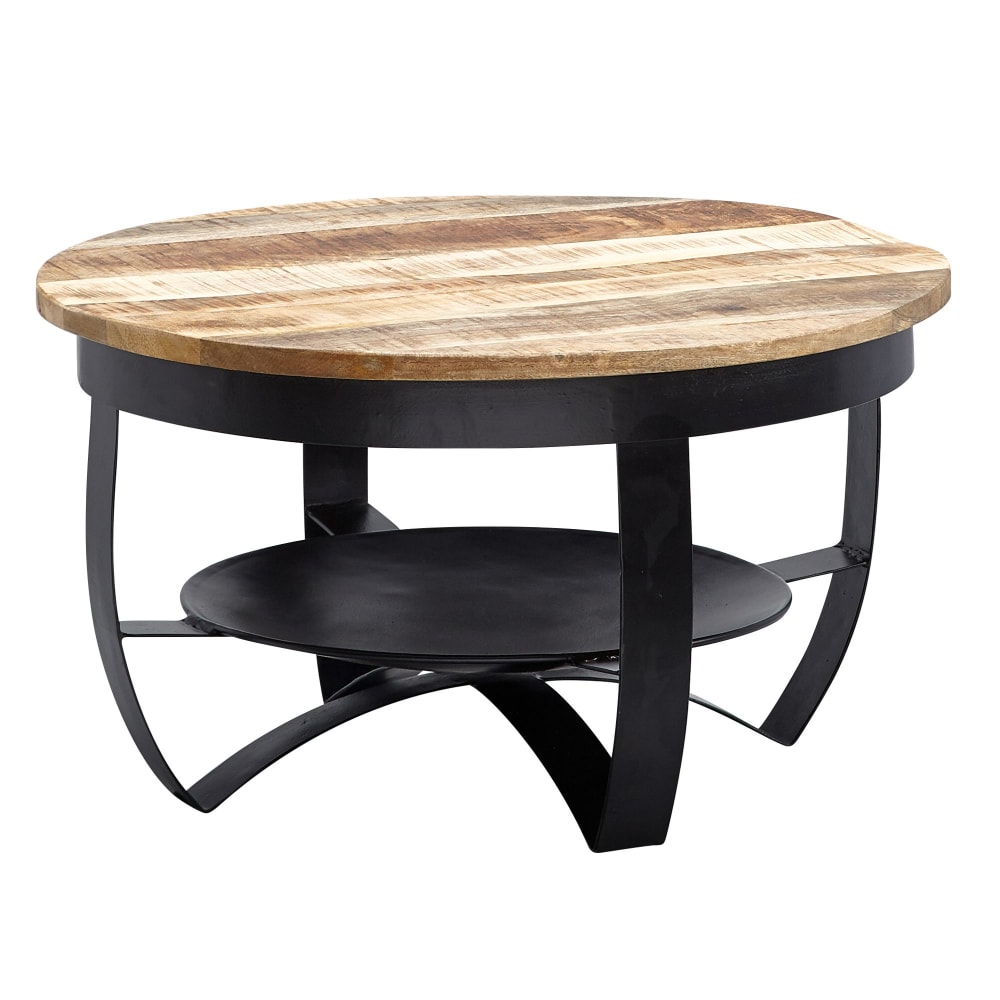 Table basse ronde avec rangement en bois massif de manguier, marron Table basse ronde avec rangement en bois massif de manguier, marron