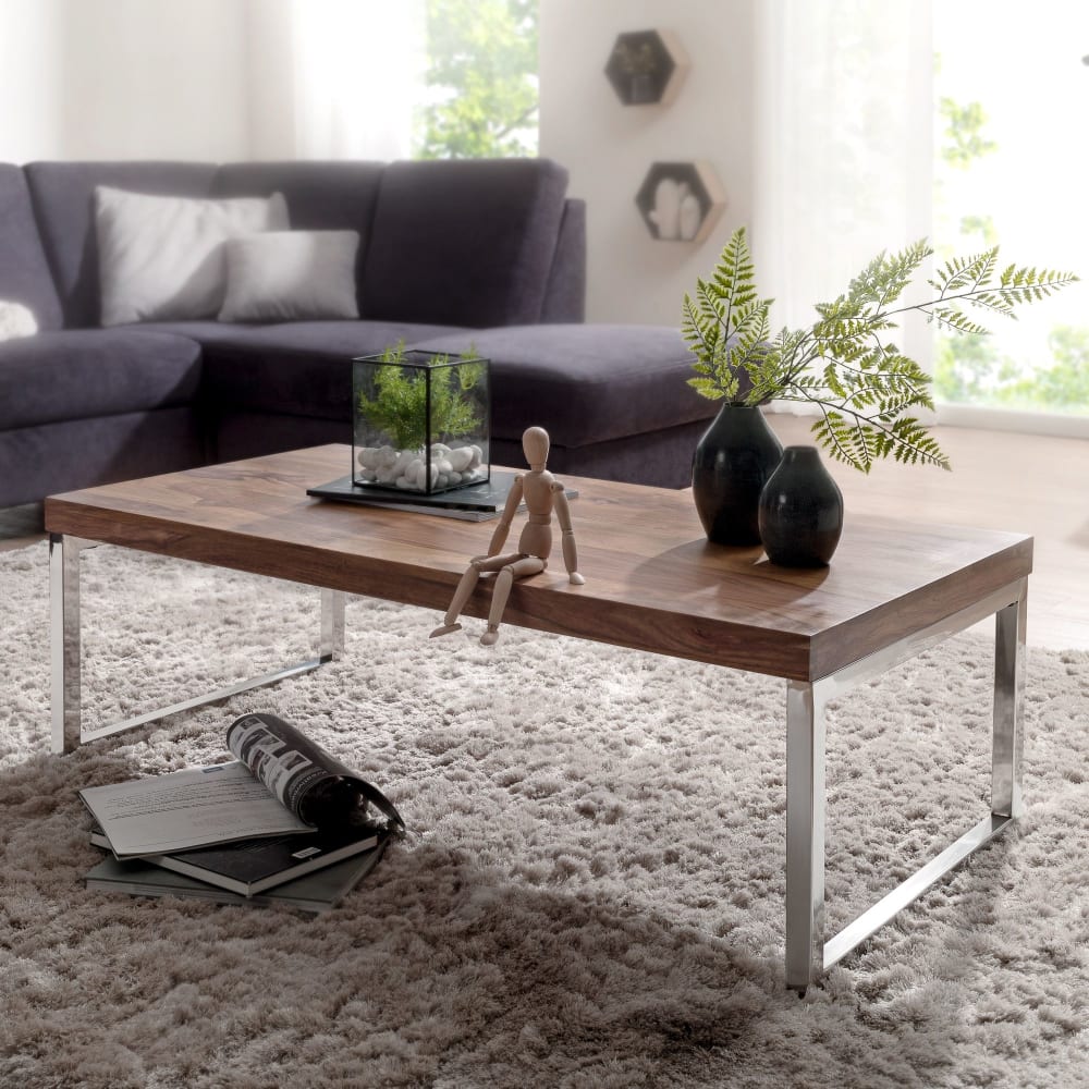 Couchtisch mit Chrombeinen aus Sheeshamholz, Braun - Maisons Du