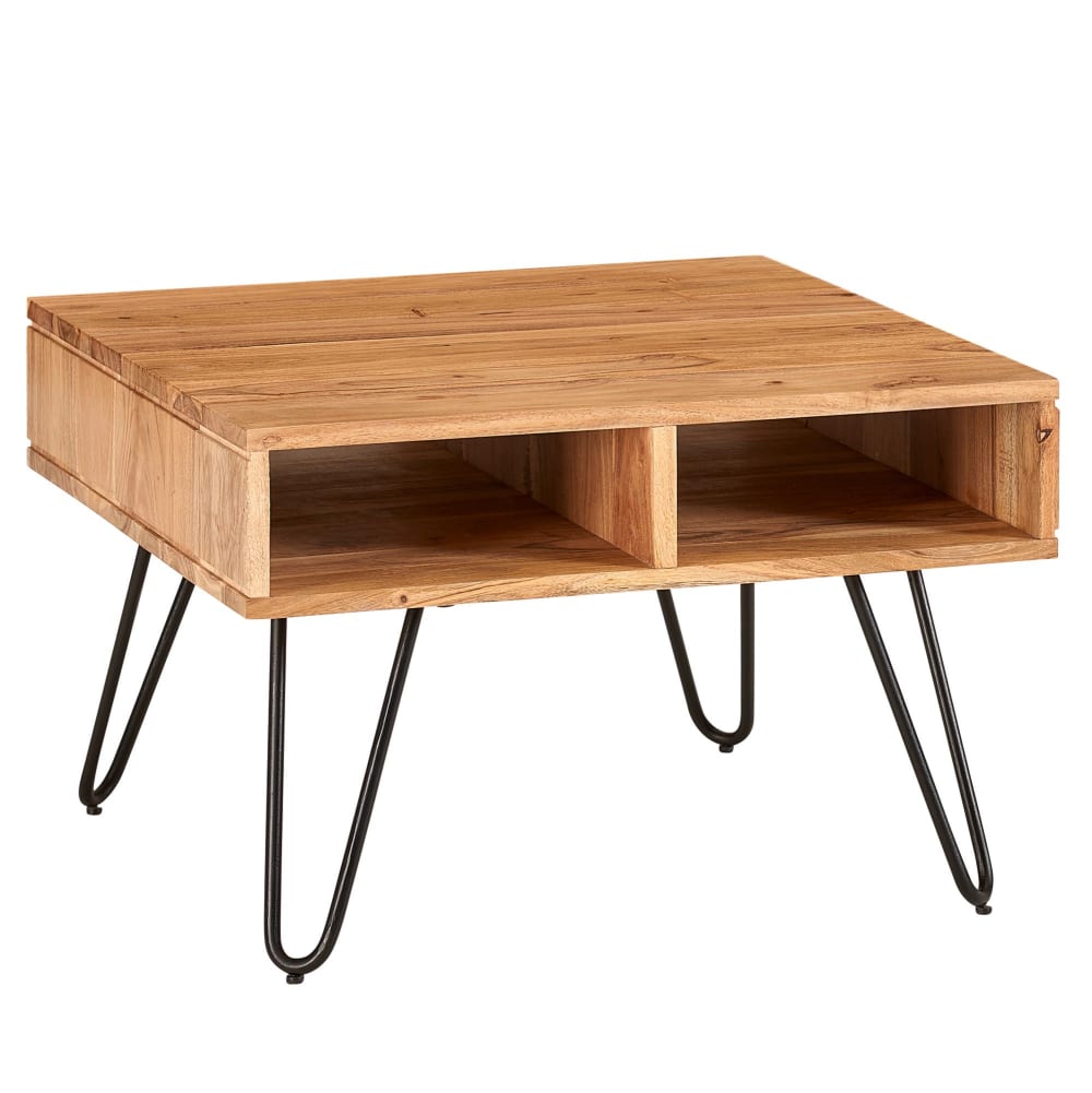 FineBuy Couchtisch quadratisch mit 2 Ablagen aus Akazie Massivholz, Braun style modern Braun
