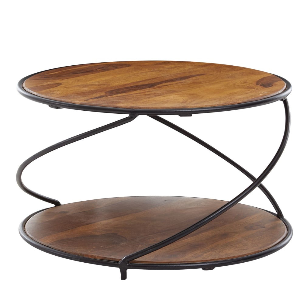 Table basse ronde avec tablette en bois de sheesham massif, marron Table basse ronde avec tablette en bois de sheesham massif, marron