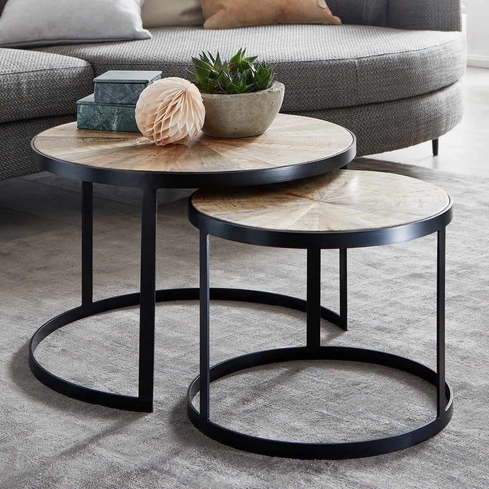 2er Set Couchtische rund aus Mango Massivholz, Braun - Maisons Du